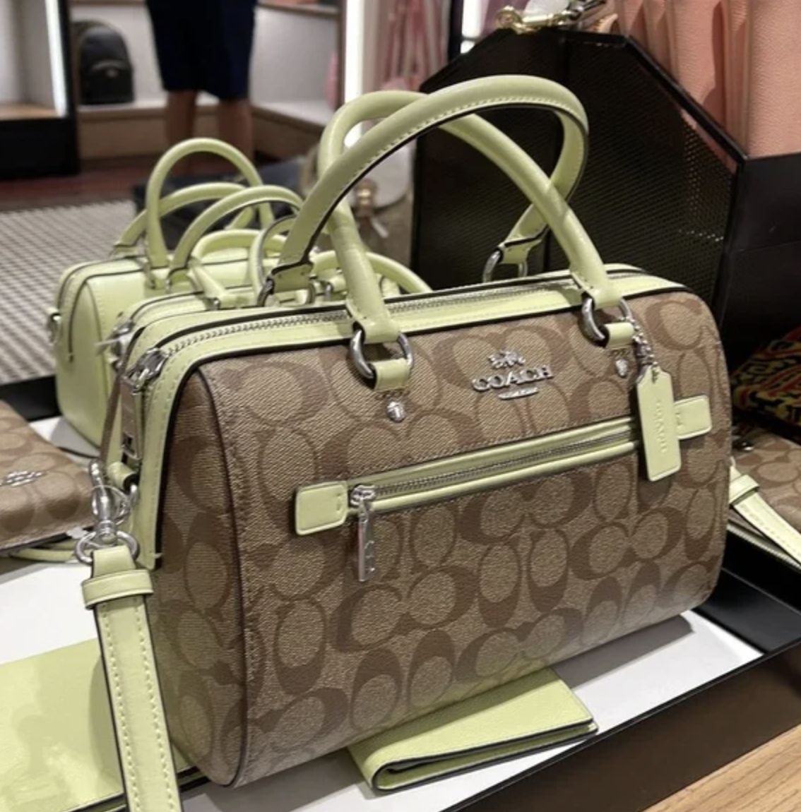 ORIG & IMPORTED Coach Rowan Top Zip Satchel Bag in Signature Canvas (Khaki / Pale Lime)