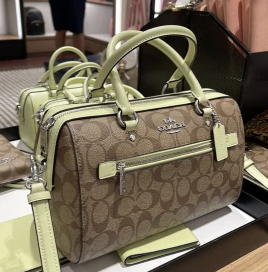 ORIG & IMPORTED Coach Rowan Top Zip Satchel Bag in Signature Canvas (Khaki / Pale Lime)