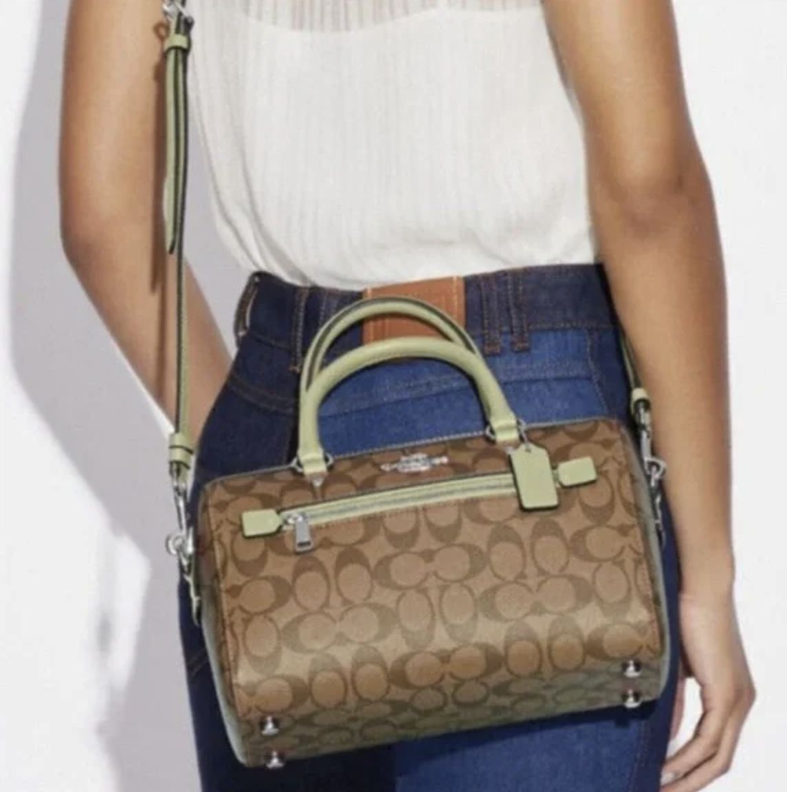 ORIG & IMPORTED Coach Rowan Top Zip Satchel Bag in Signature Canvas (Khaki / Pale Lime)