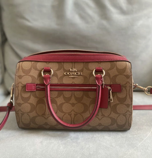 ORIG & IMPORTED Coach Rowan Top Zip Satchel Bag in Signature Canvas (Khaki / Pink)