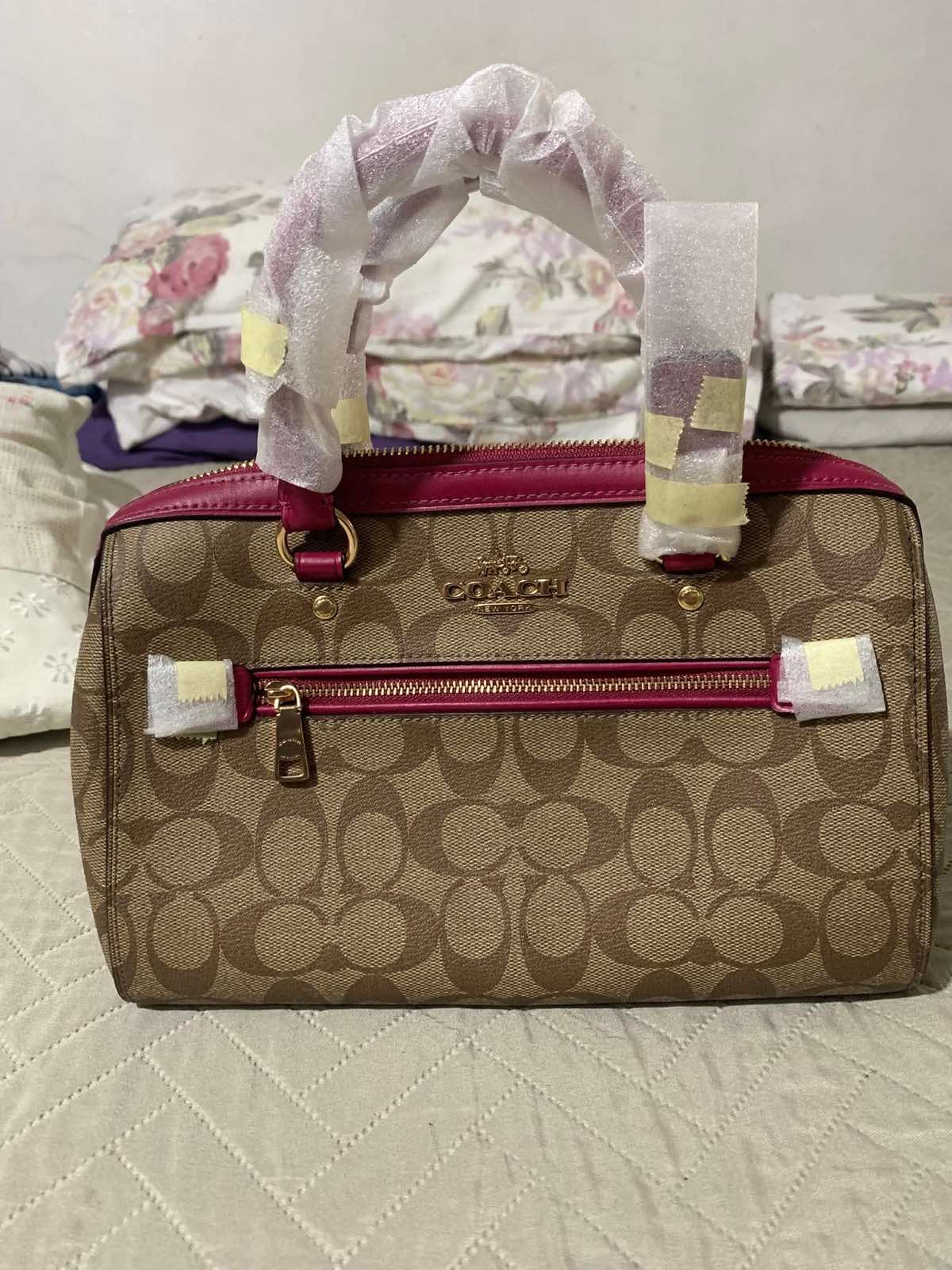 ORIG & IMPORTED Coach Rowan Top Zip Satchel Bag in Signature Canvas (Khaki / Pink)