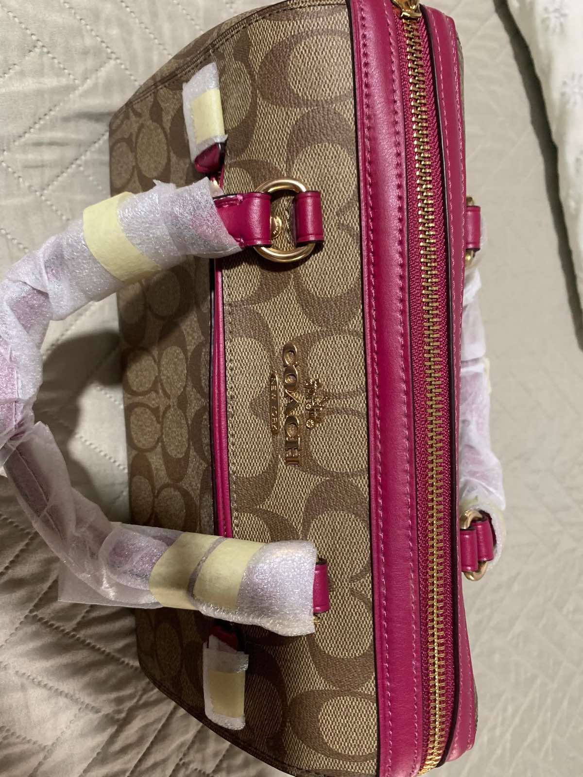 ORIG & IMPORTED Coach Rowan Top Zip Satchel Bag in Signature Canvas (Khaki / Pink)