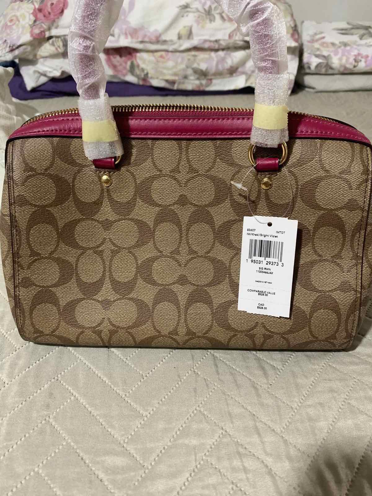 ORIG & IMPORTED Coach Rowan Top Zip Satchel Bag in Signature Canvas (Khaki / Pink)