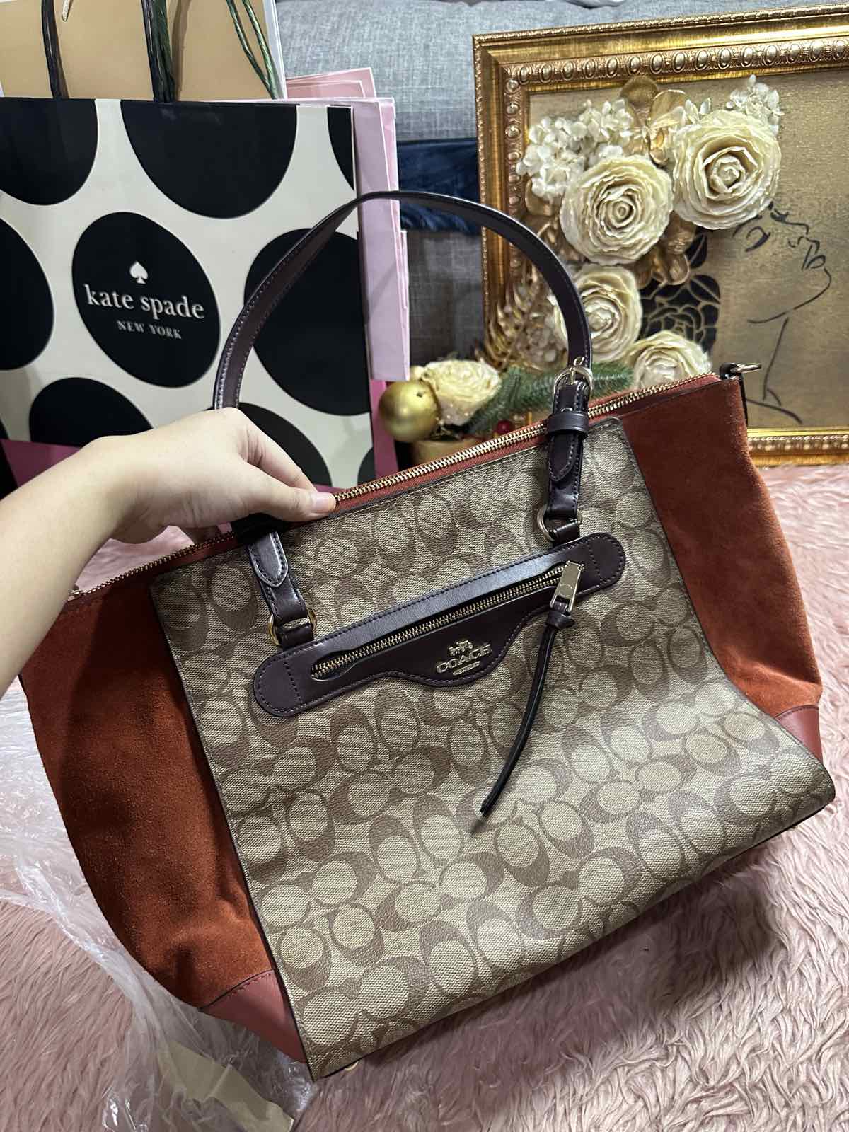 ORIG Preloved Coach Kleo Carryall Large Tote Orange Bag In Signature Canvas