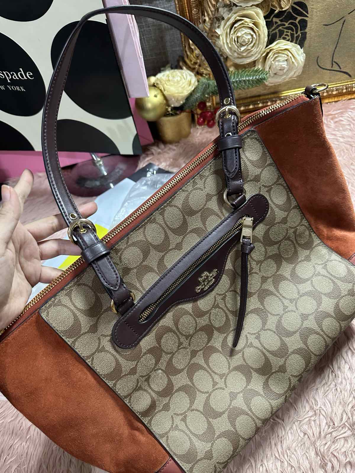 ORIG Preloved Coach Kleo Carryall Large Tote Orange Bag In Signature Canvas