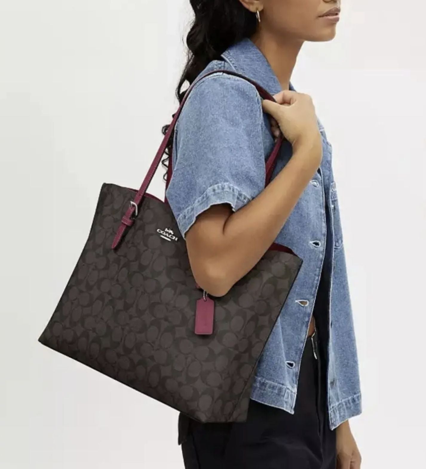 ORIG Preloved Coach Mollie Tote Large Brown/Purple Bag In Signature Canvas