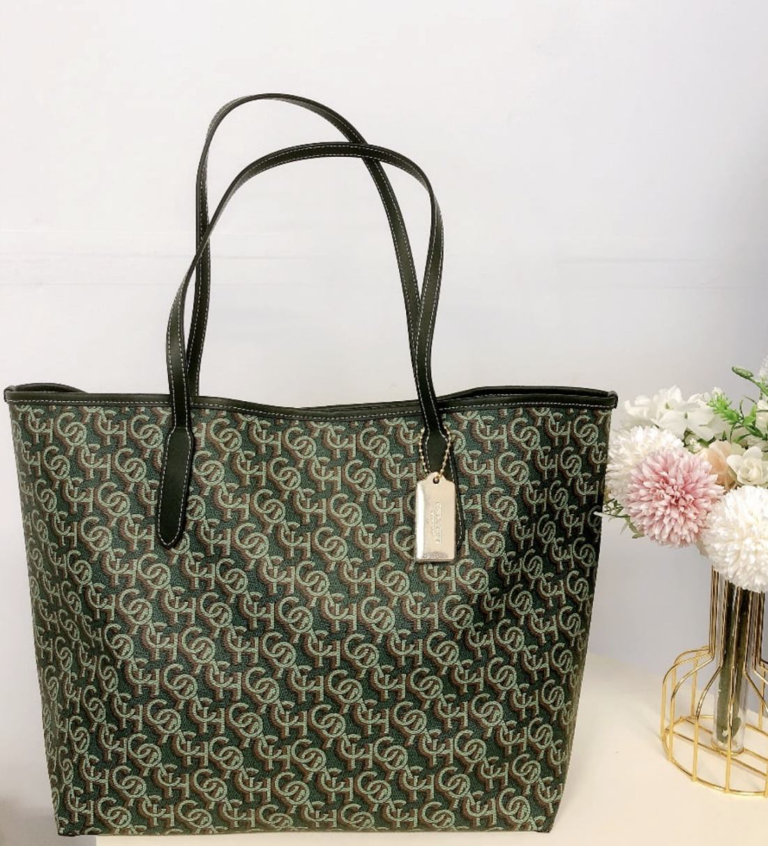 ORIG & IMPORTED Coach City Tote Large Green Bag With Monogram Print