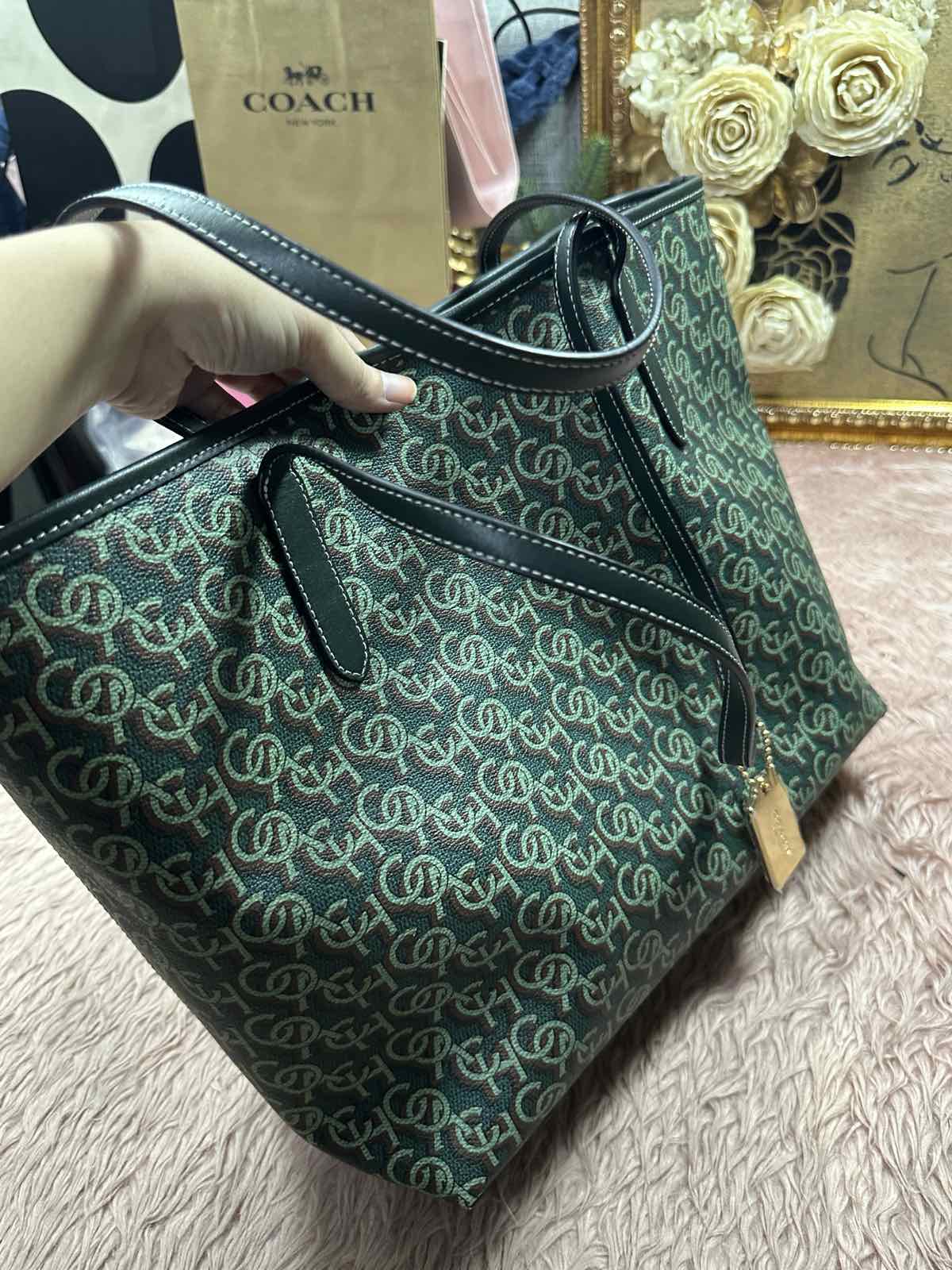ORIG & IMPORTED Coach City Tote Large Green Bag With Monogram Print