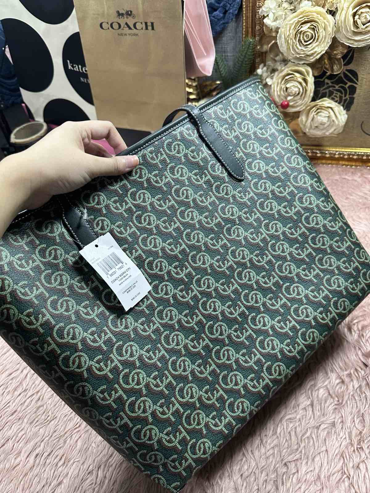 ORIG & IMPORTED Coach City Tote Large Green Bag With Monogram Print