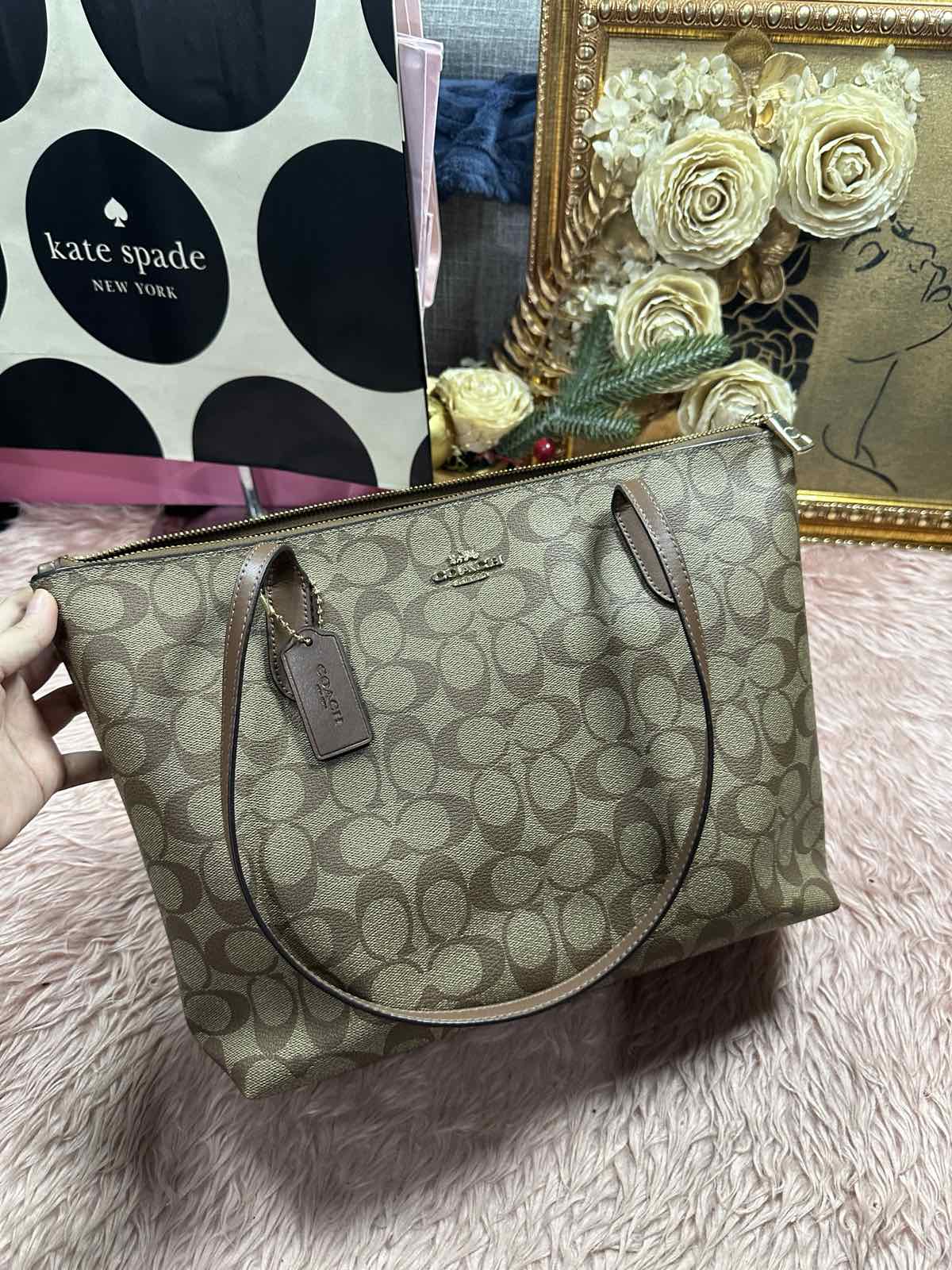 ORIG Preloved Coach Mollie Tote Large Brown/Purple Bag In Signature Canvas