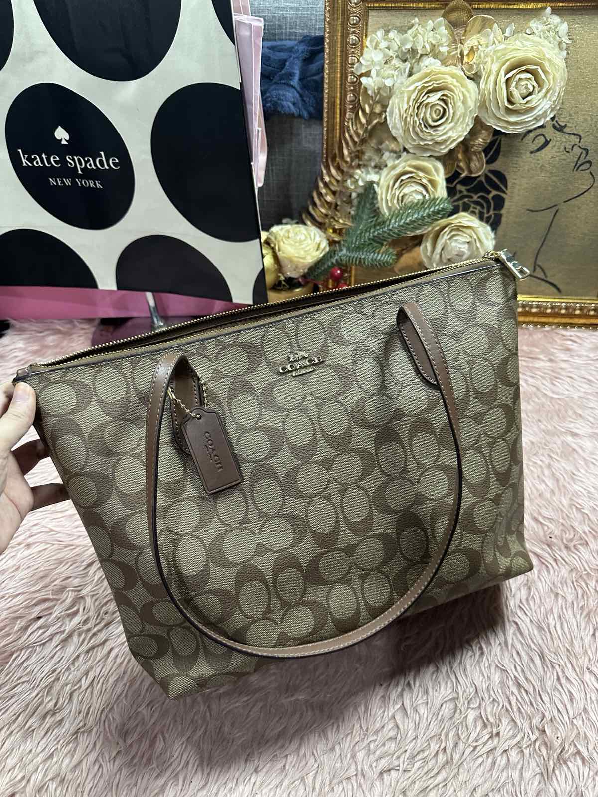 ORIG Preloved Coach Mollie Tote Large Brown/Purple Bag In Signature Canvas