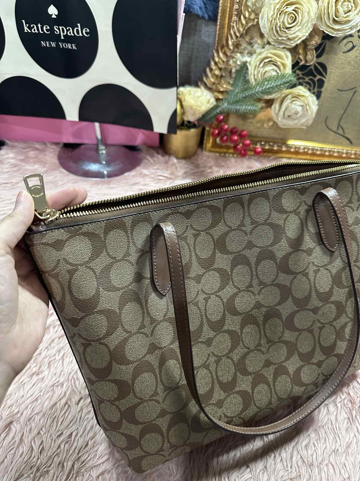 ORIG Preloved Coach Mollie Tote Large Brown/Purple Bag In Signature Canvas