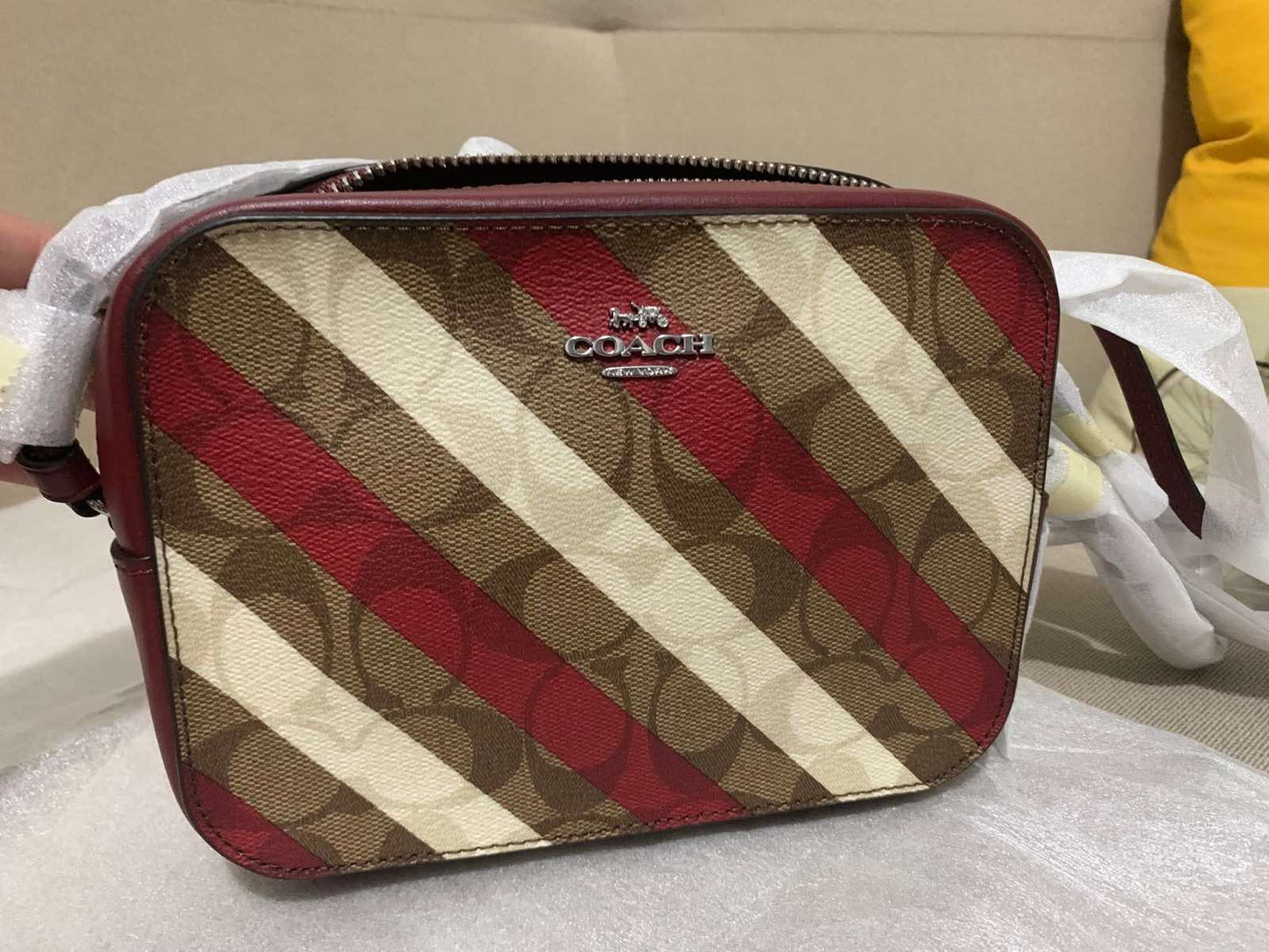 ORIG & IMPORTED Coach Mini Camera Red Bag With Diagonal Stripe Print