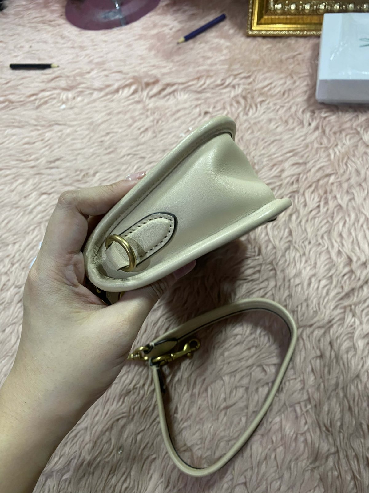 ORIG Preloved Coach Swinger Small Beige Bag 20 In Signature Jacquard