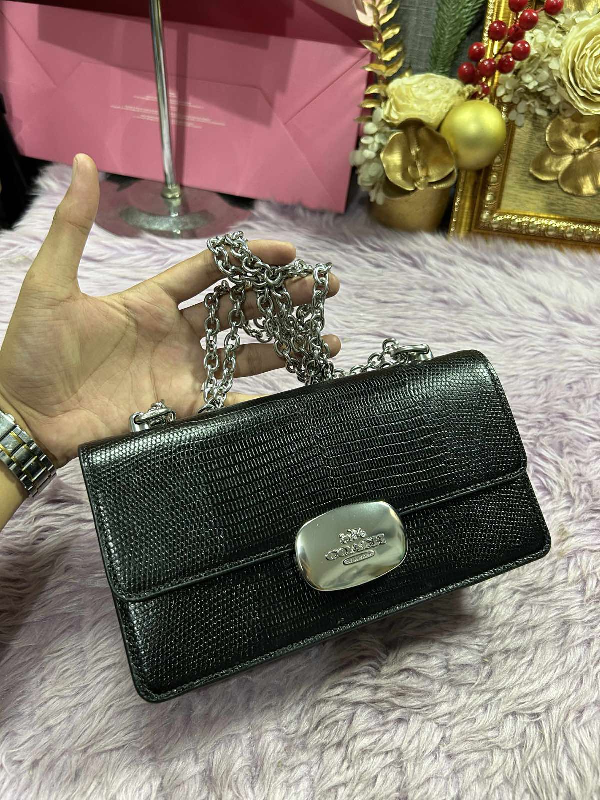 ORIG Preloved Coach Eliza Flap Crossbody Small Black Chain Bag