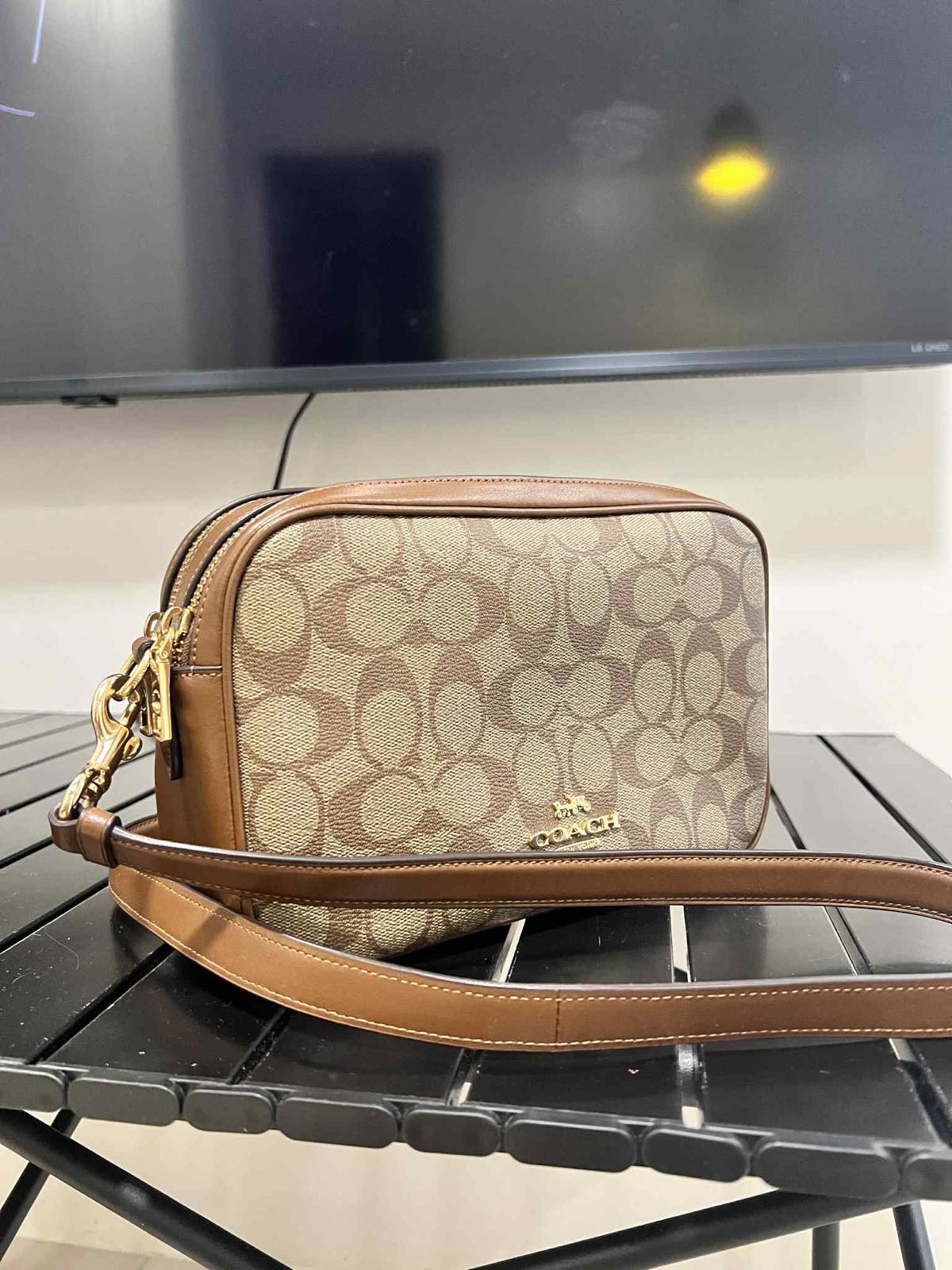 ORIG Preloved Coach RARE Jes Crossbody Camera Double Zip Khaki Brown Bag