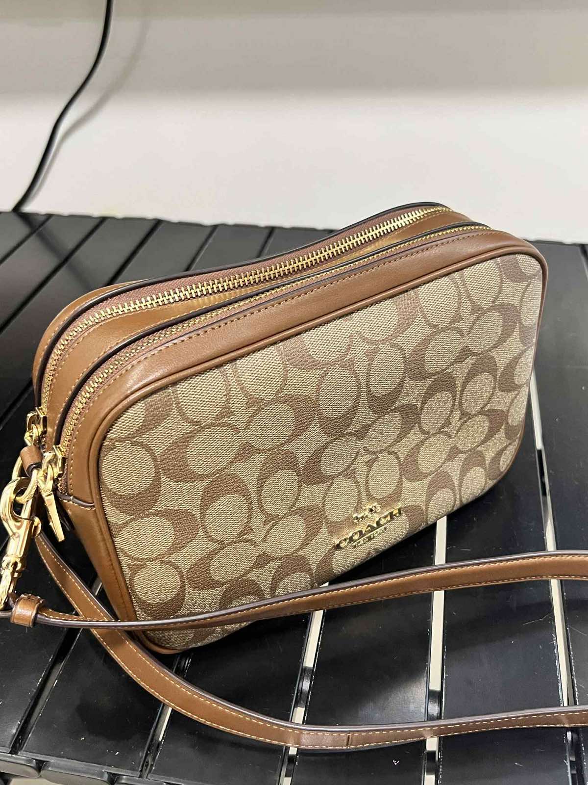 ORIG Preloved Coach RARE Jes Crossbody Camera Double Zip Khaki Brown Bag