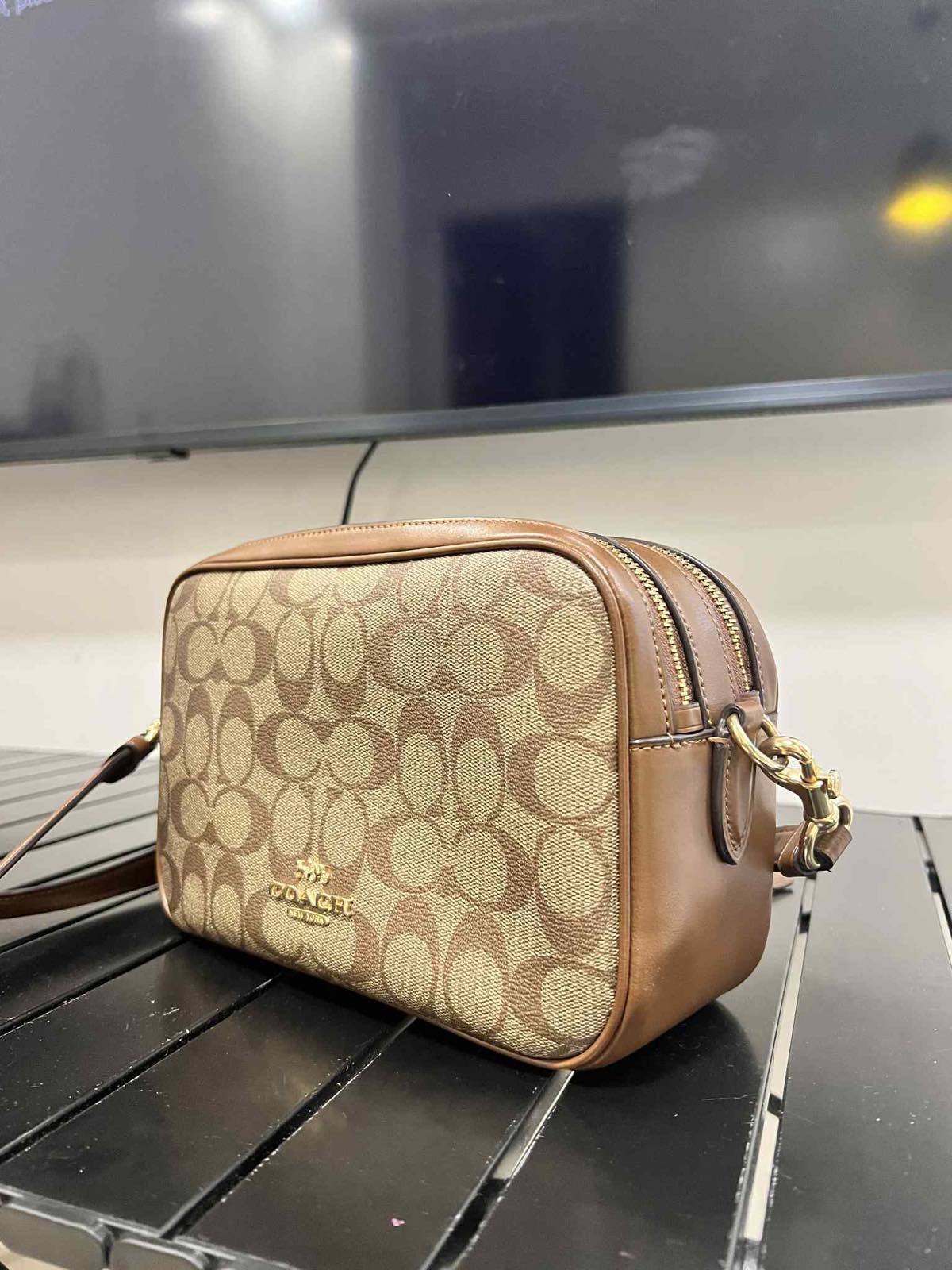 ORIG Preloved Coach RARE Jes Crossbody Camera Double Zip Khaki Brown Bag