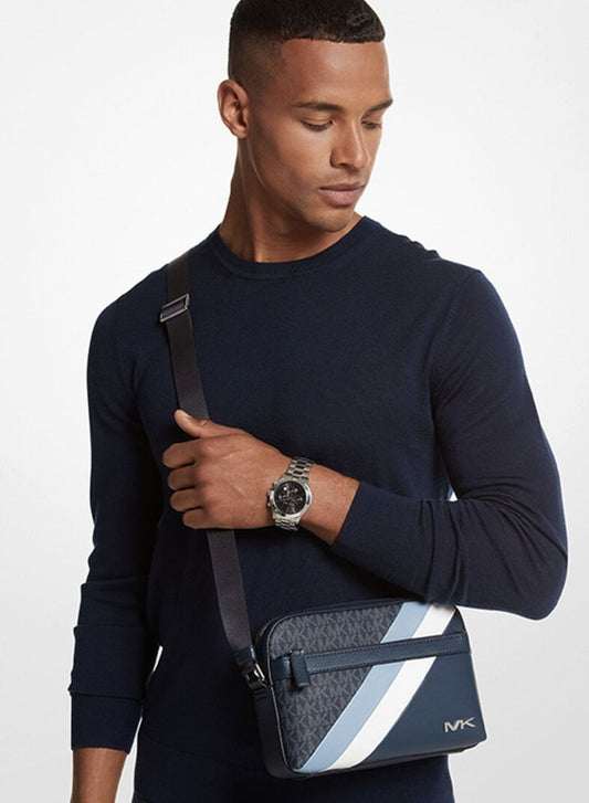 ORIG & IMPORTED MK Cooper Logo Stripe and Faux Leather Crossbody Men Blue Bag