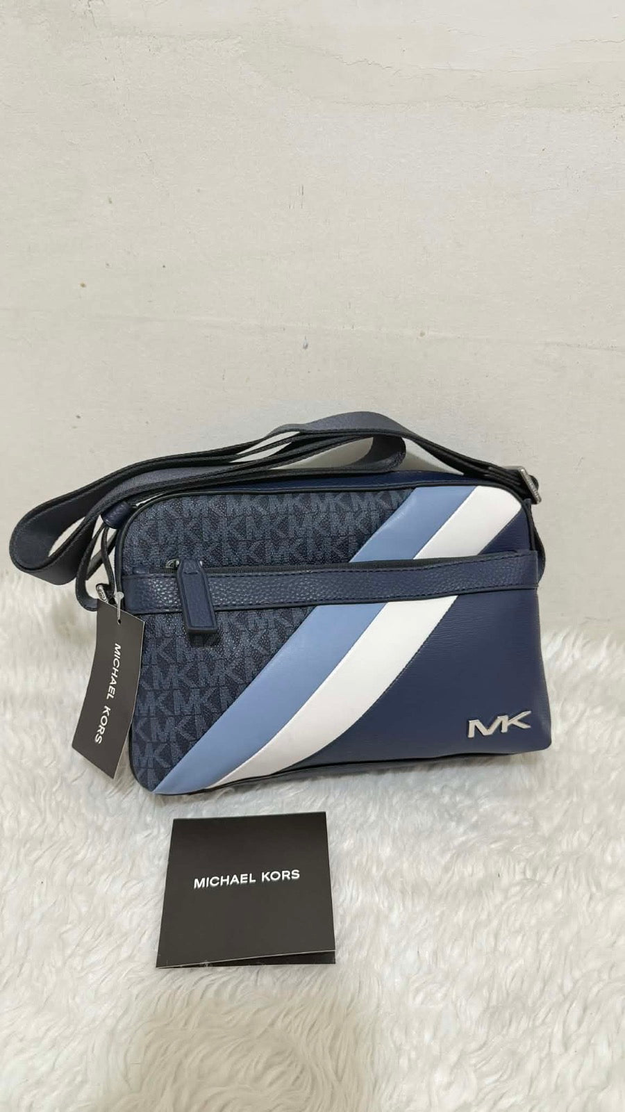 ORIG & IMPORTED MK Cooper Logo Stripe and Faux Leather Crossbody Men Blue Bag