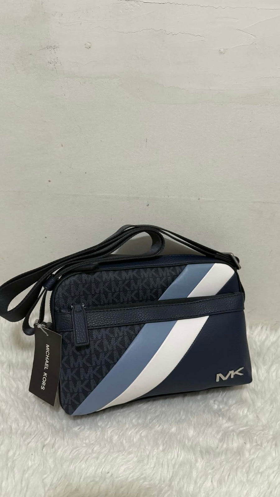 ORIG & IMPORTED MK Cooper Logo Stripe and Faux Leather Crossbody Men Blue Bag