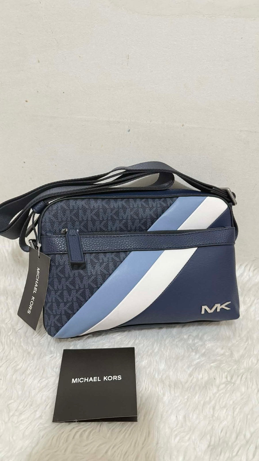 ORIG & IMPORTED MK Cooper Logo Stripe and Faux Leather Crossbody Men Blue Bag