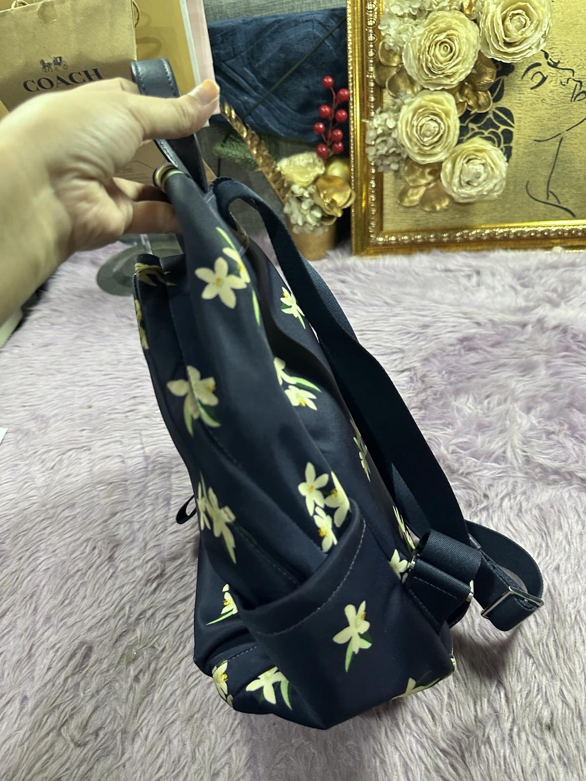 ORIG Preloved Kate Spade KS Chelsea Medium Backpack Nylon Floral Navy Blue Bag