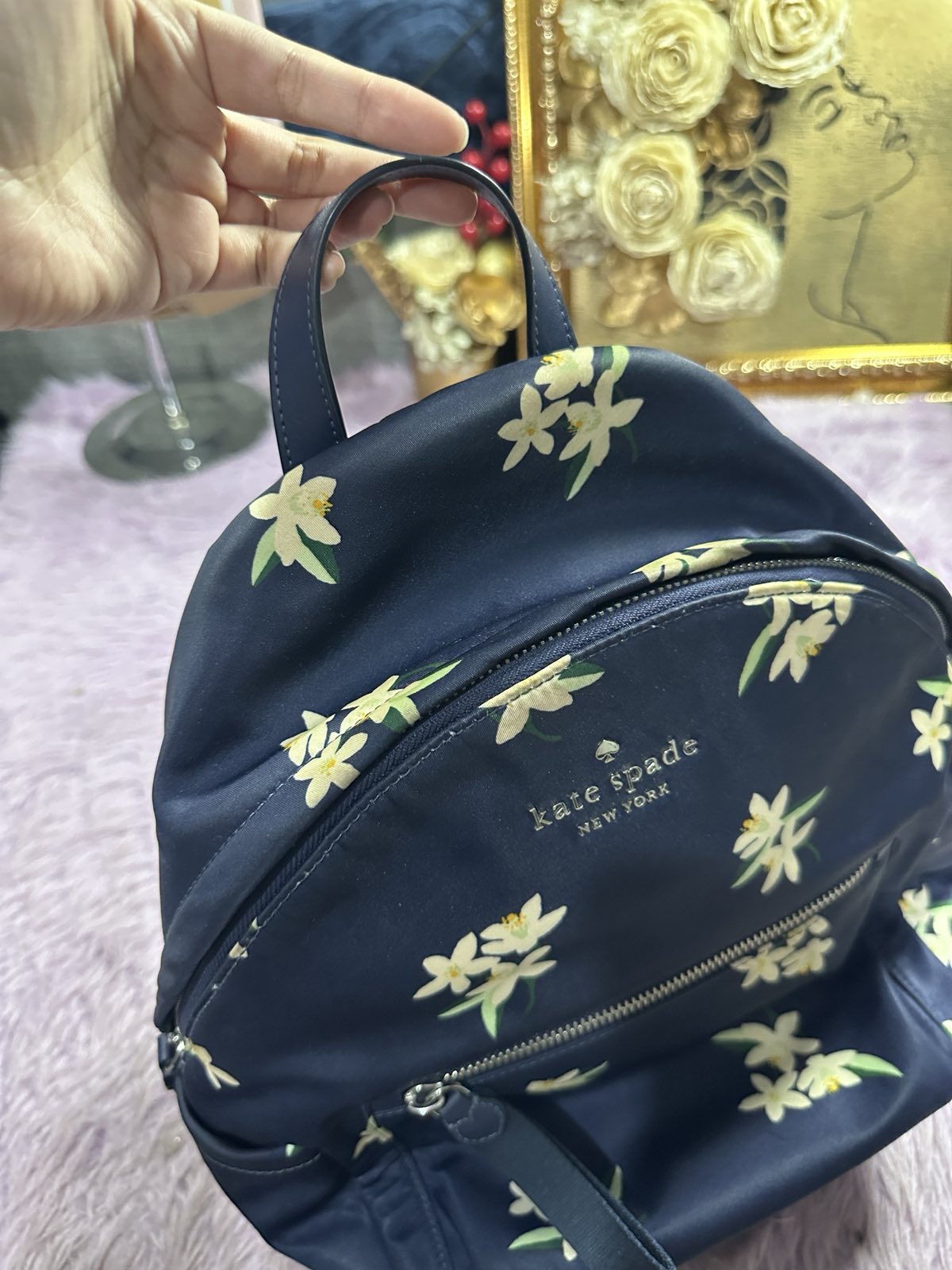 ORIG Preloved Kate Spade KS Chelsea Medium Backpack Nylon Floral Navy Blue Bag