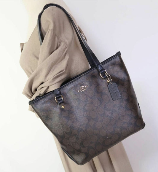 ORIG & IMPORTED Coach RARE F34603 Signature Canvas Zip Top Brown Medium Bag