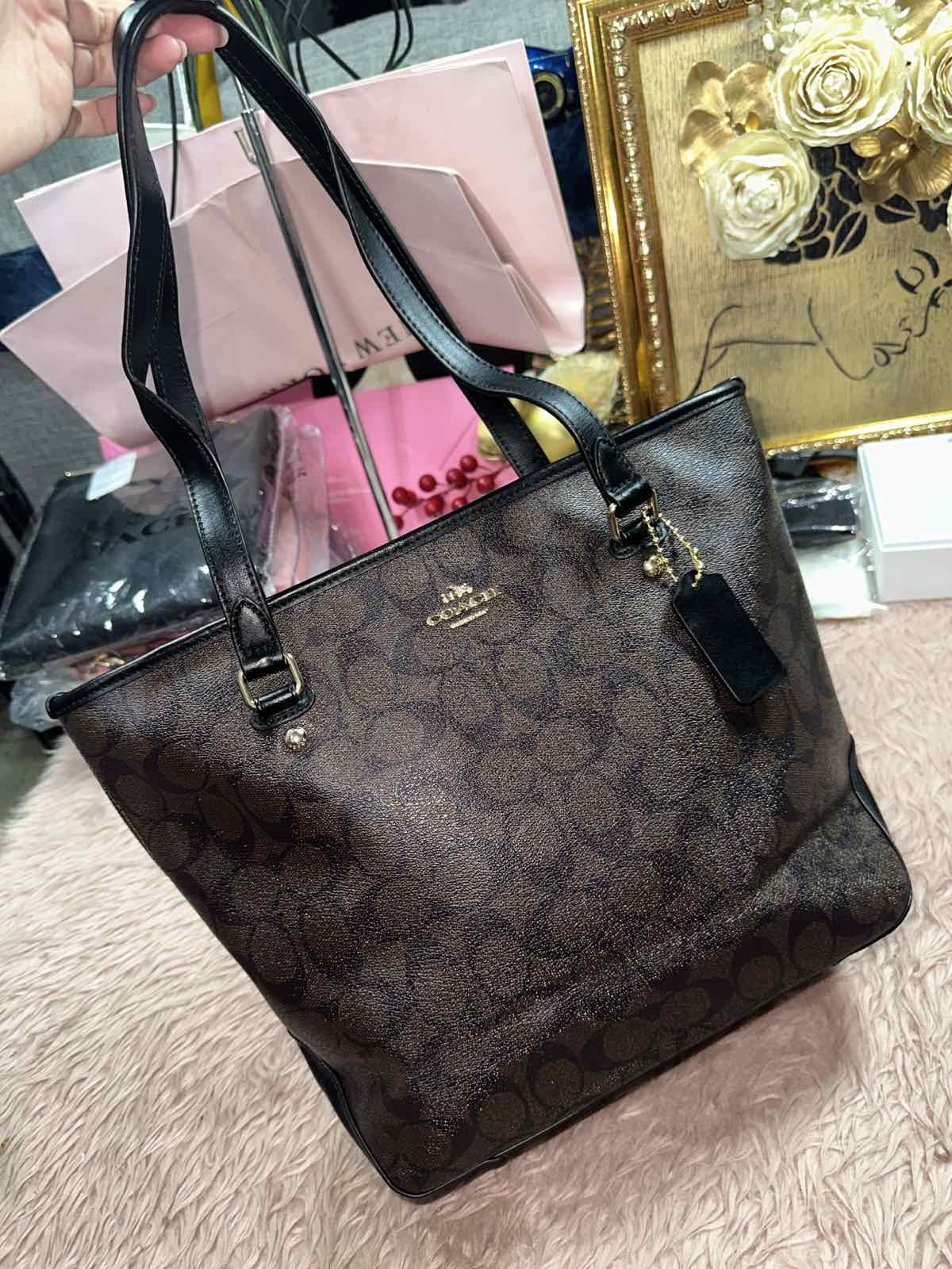 ORIG & IMPORTED Coach RARE F34603 Signature Canvas Zip Top Brown Medium Bag