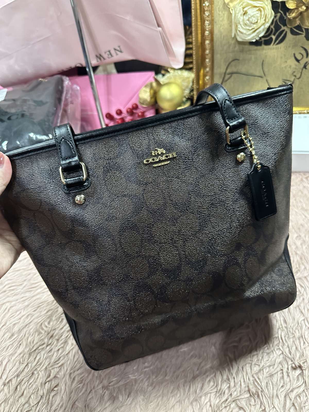 ORIG & IMPORTED Coach RARE F34603 Signature Canvas Zip Top Brown Medium Bag