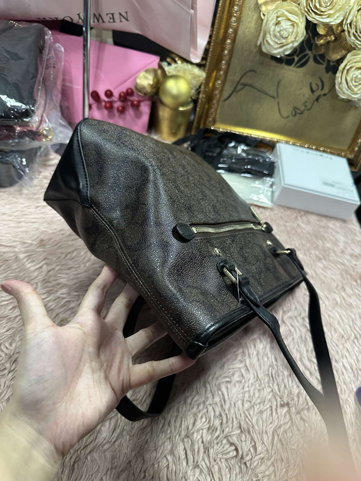 ORIG & IMPORTED Coach RARE F34603 Signature Canvas Zip Top Brown Medium Bag