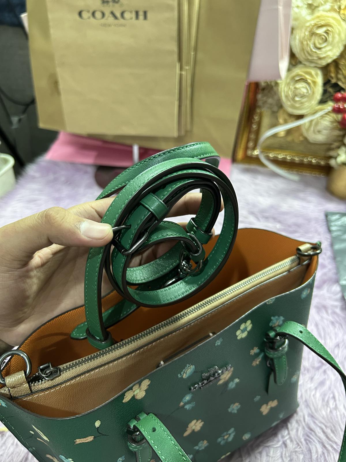 ORIG Preloved Coach Mollie Medium Tote Tote 25 With Mystical Floral Print Green