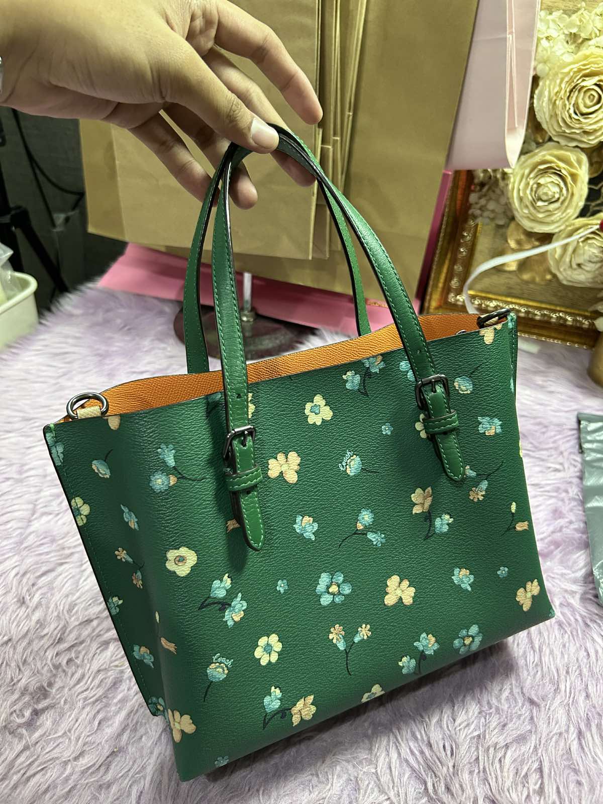 ORIG Preloved Coach Mollie Medium Tote Tote 25 With Mystical Floral Print Green