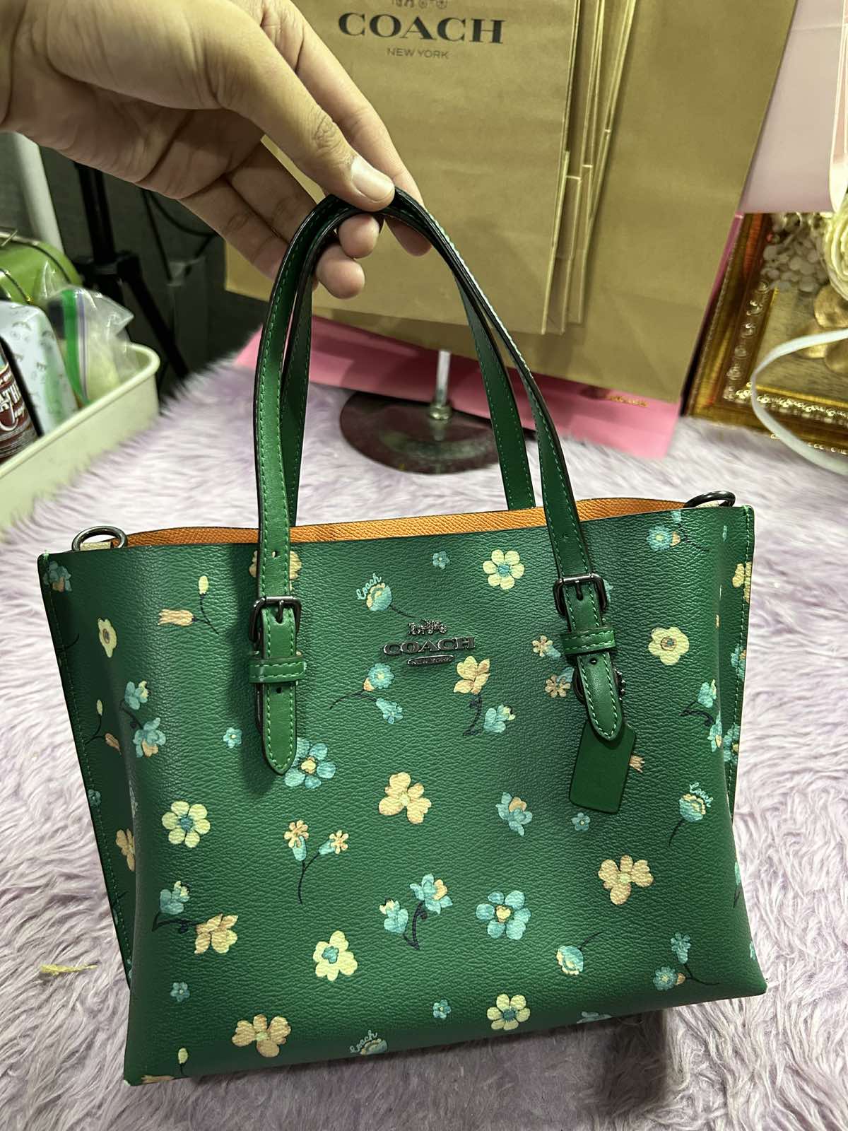 ORIG Preloved Coach Mollie Medium Tote Tote 25 With Mystical Floral Print Green