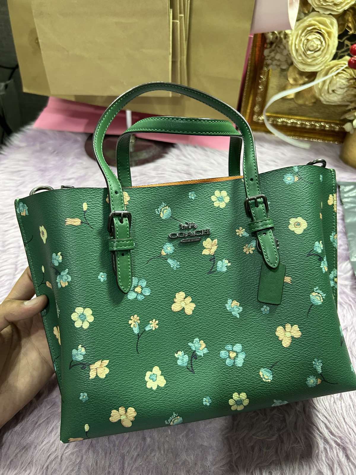 ORIG Preloved Coach Mollie Medium Tote Tote 25 With Mystical Floral Print Green