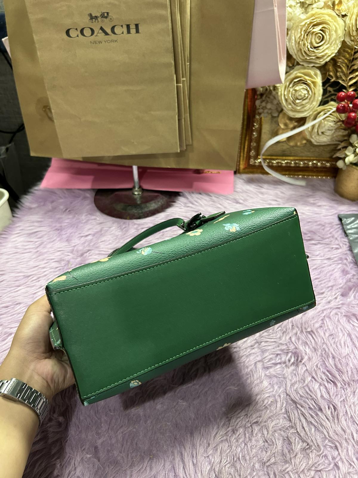 ORIG Preloved Coach Mollie Medium Tote Tote 25 With Mystical Floral Print Green