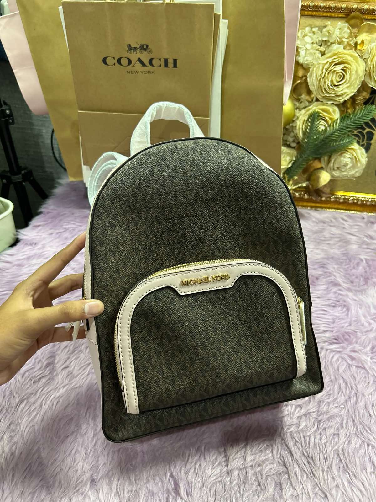 ORIG & IMPORTED Michael Kors MK Jaycee Medium Logo Backpack Bag in Brown/Pink