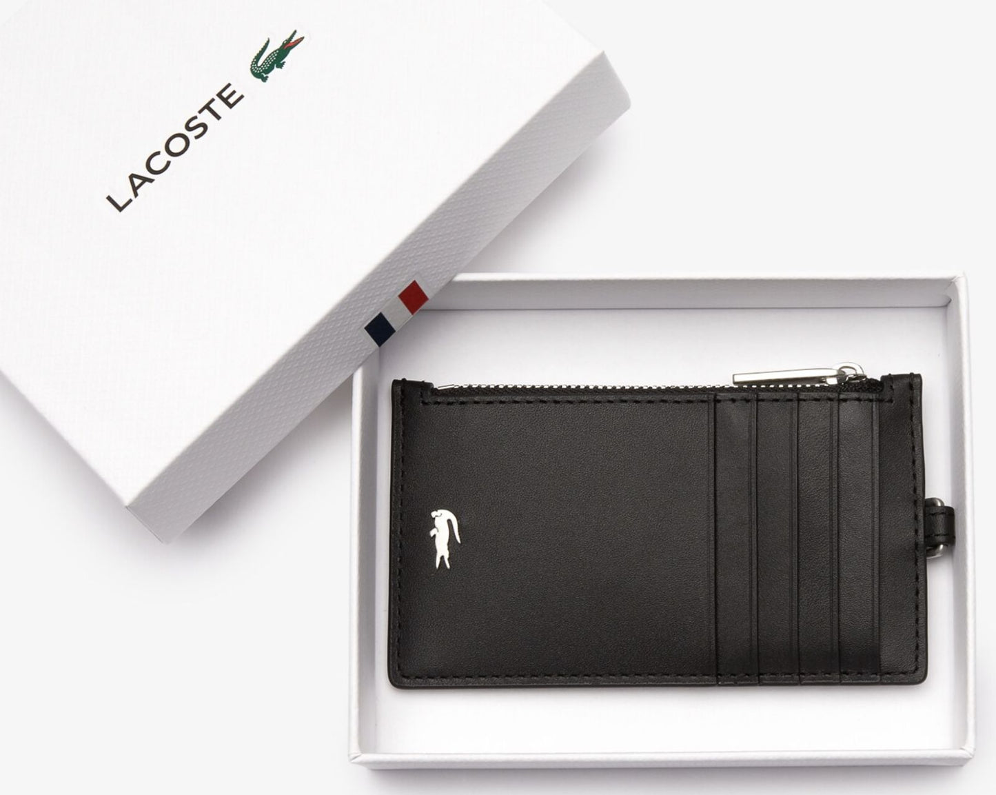 ORIG & IMPORTED Lacoste Men's Fitzgerald Leather Lanyard Zippered Card Holder Black Wallet