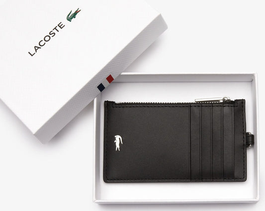 ORIG & IMPORTED Lacoste Men's Fitzgerald Leather Lanyard Zippered Card Holder Black Wallet