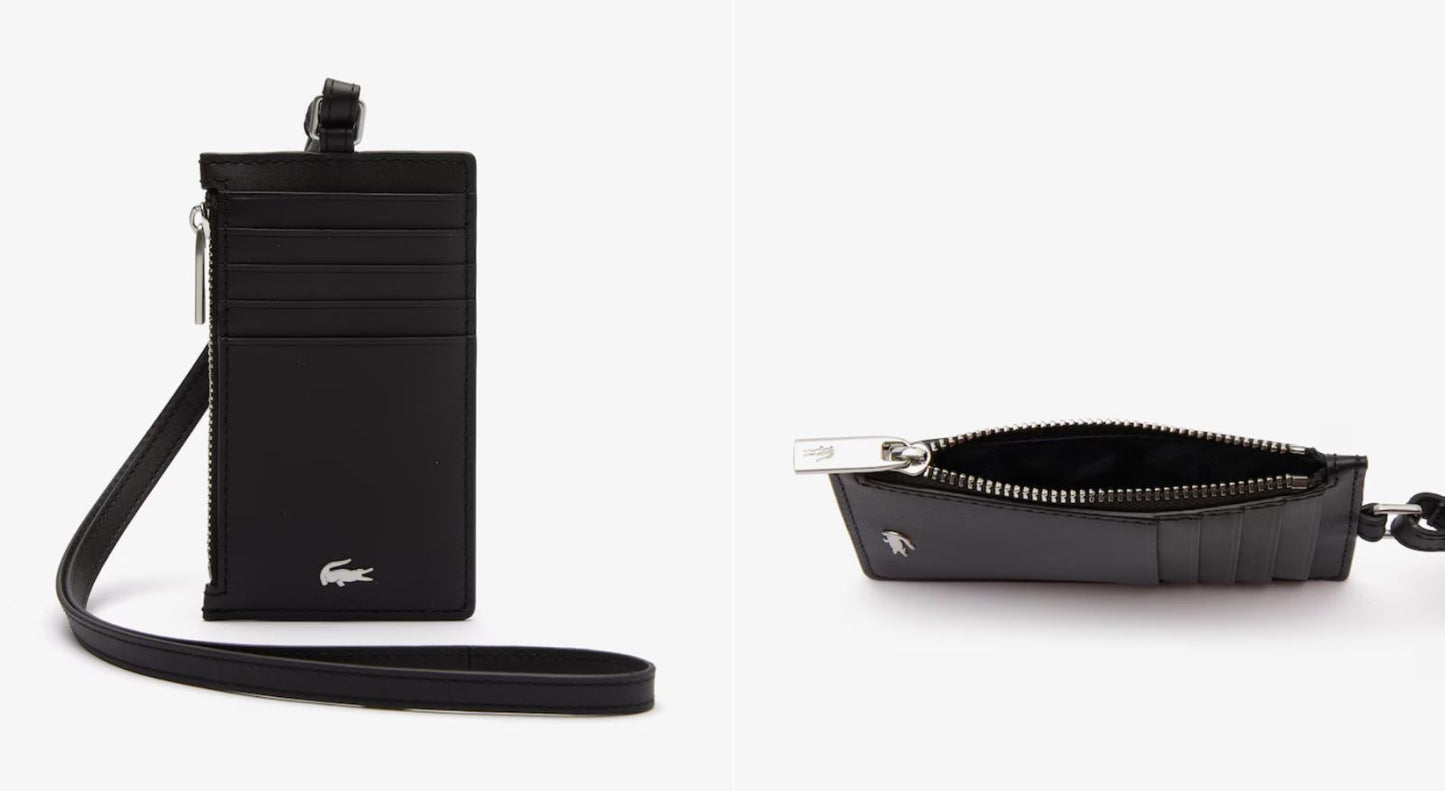 ORIG & IMPORTED Lacoste Men's Fitzgerald Leather Lanyard Zippered Card Holder Black Wallet