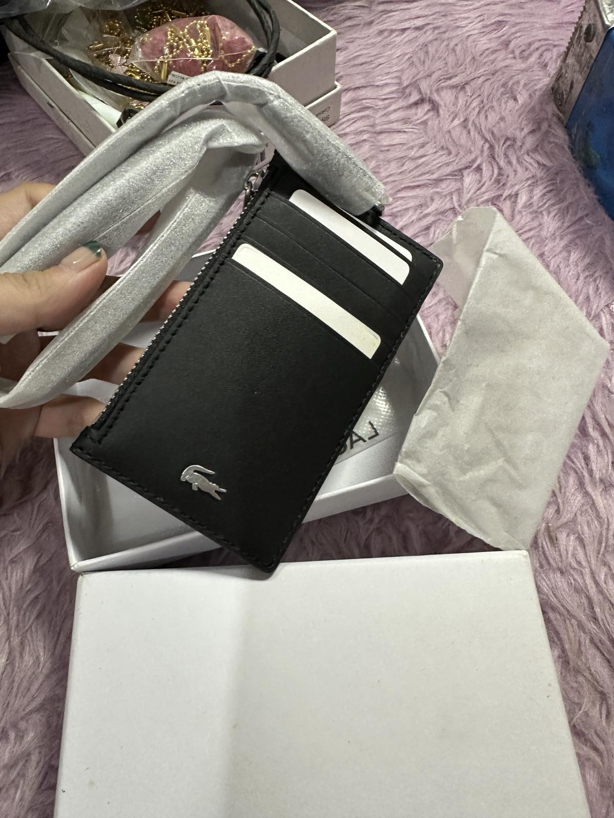 ORIG & IMPORTED Lacoste Men's Fitzgerald Leather Lanyard Zippered Card Holder Black Wallet