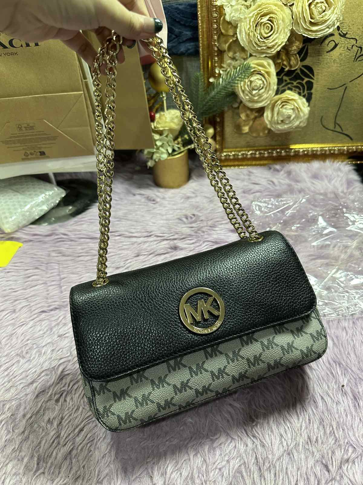 ORIG Preloved Michael Kors MK Fulton Flap Medium Chain Shoulder Bag Black