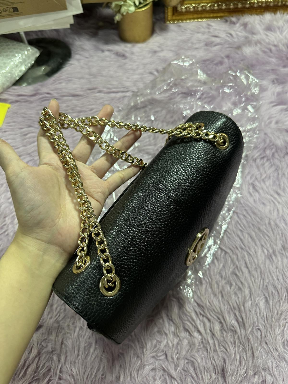 ORIG Preloved Michael Kors MK Fulton Flap Medium Chain Shoulder Bag Black