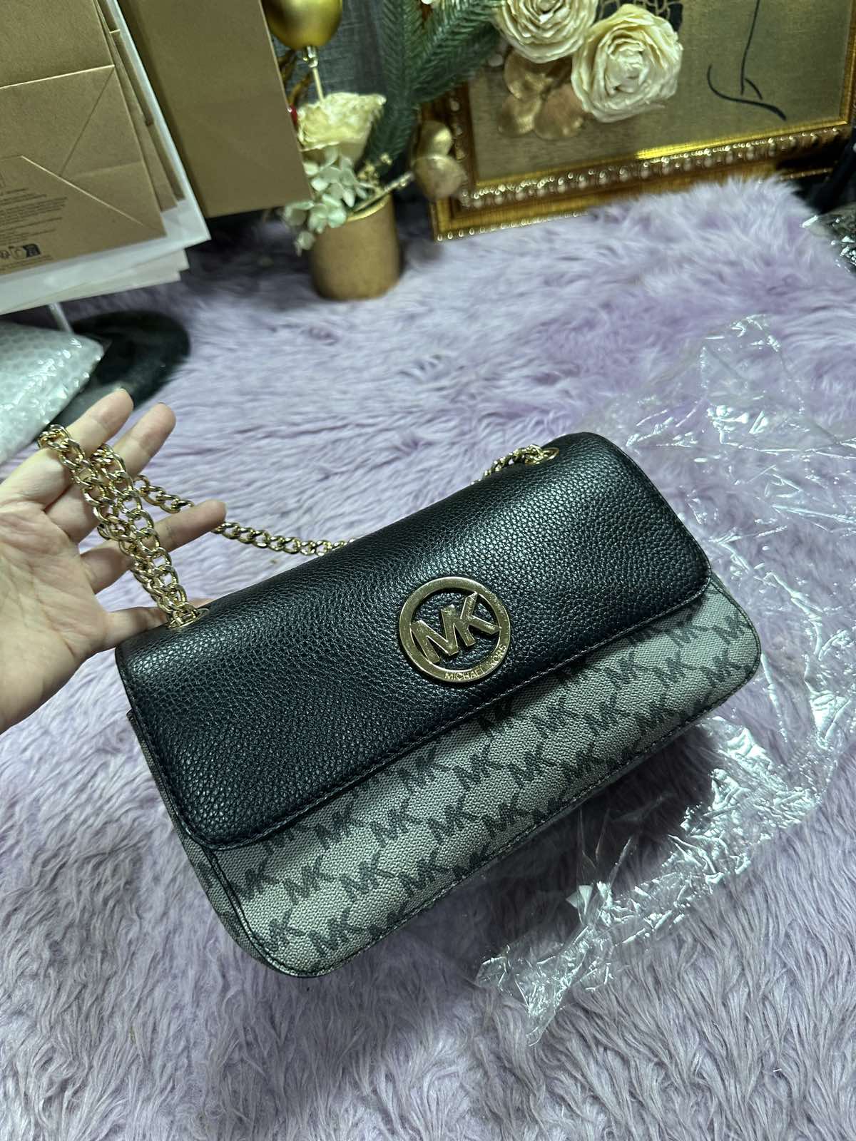 ORIG Preloved Michael Kors MK Fulton Flap Medium Chain Shoulder Bag Black