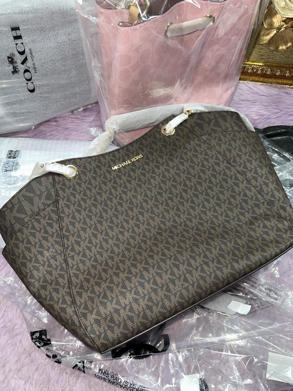 ORIG & IMPORTED Michael Kors MK Jet Set Travel Large Chain Shoulder Tote Bag Brown