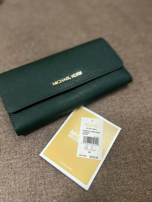 ORIG & IMPORTED Michael Kors MK Jet Set Large Trifold Long Wallet Racing Green