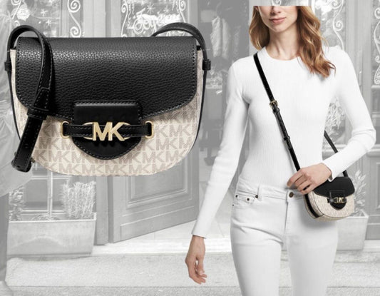 ORIG Preloved Michael Kors MK Reed Small Logo Flap Crossbody Bag Vanilla/Black