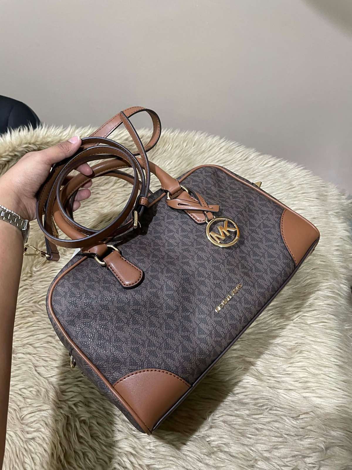 ORIG & IMPORTED Michael Kors MK Thompson Medium Signature Logo Satchel Duffle Brown/White Bag