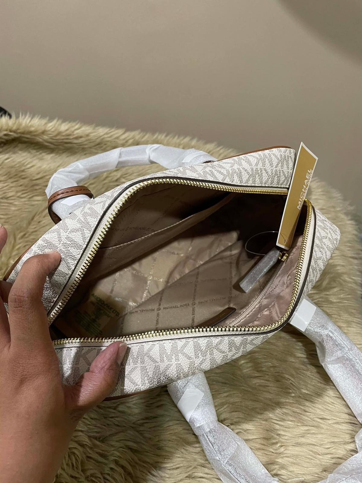 ORIG & IMPORTED Michael Kors MK Thompson Medium Signature Logo Satchel Duffle Brown/White Bag